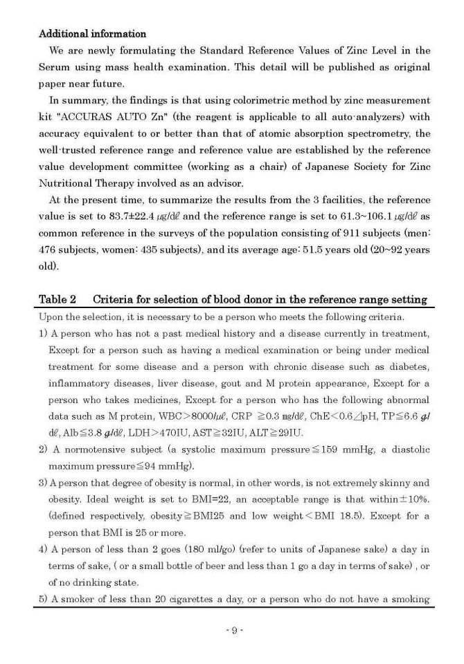 Establishment of Reference Values of Serum Zinc Level